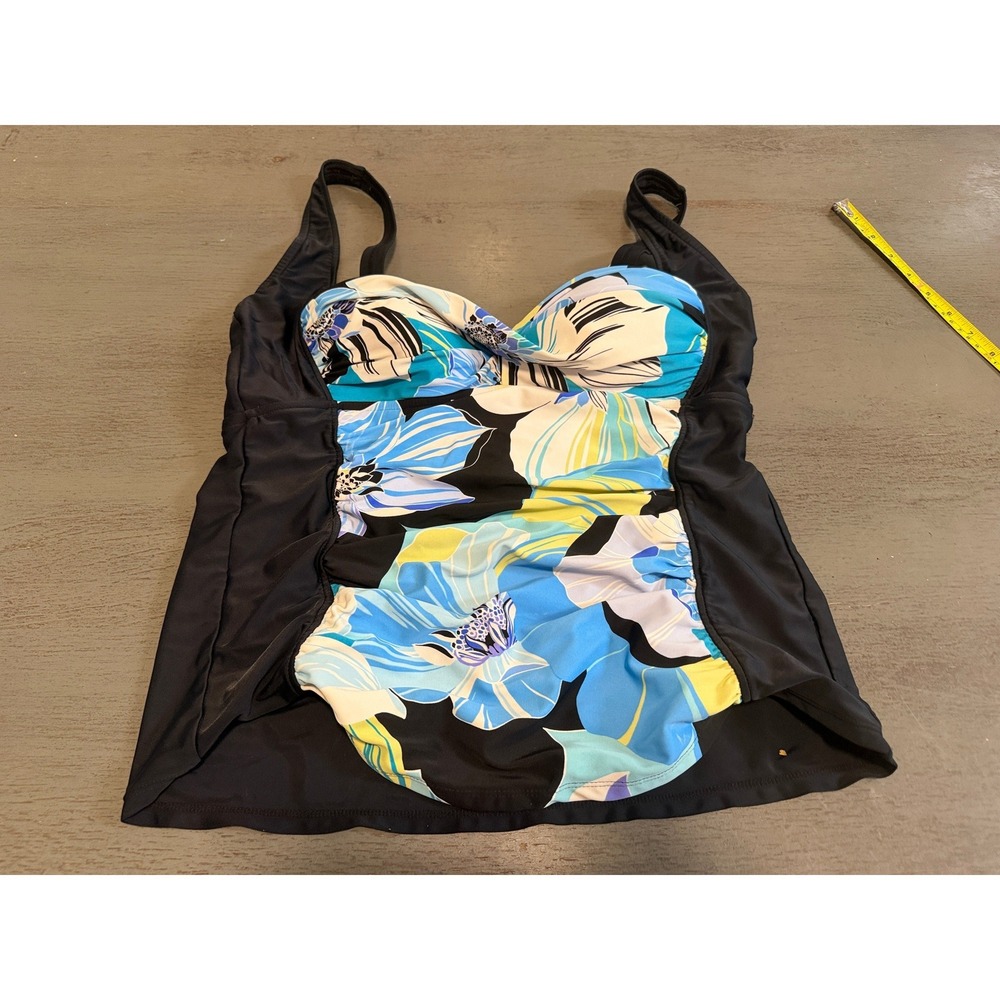 Maxine of Hollywood Floral Tankini Top Black Blue Yellow Ruched Size 14